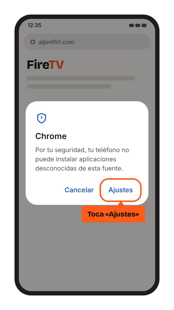 Ilustración: aviso de seguridad de Android con el botón Ajustes resaltado